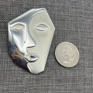 Abstract Face Pin Brooch As Is Silver Shiny Matte Picasso Cubist Profile Cubism